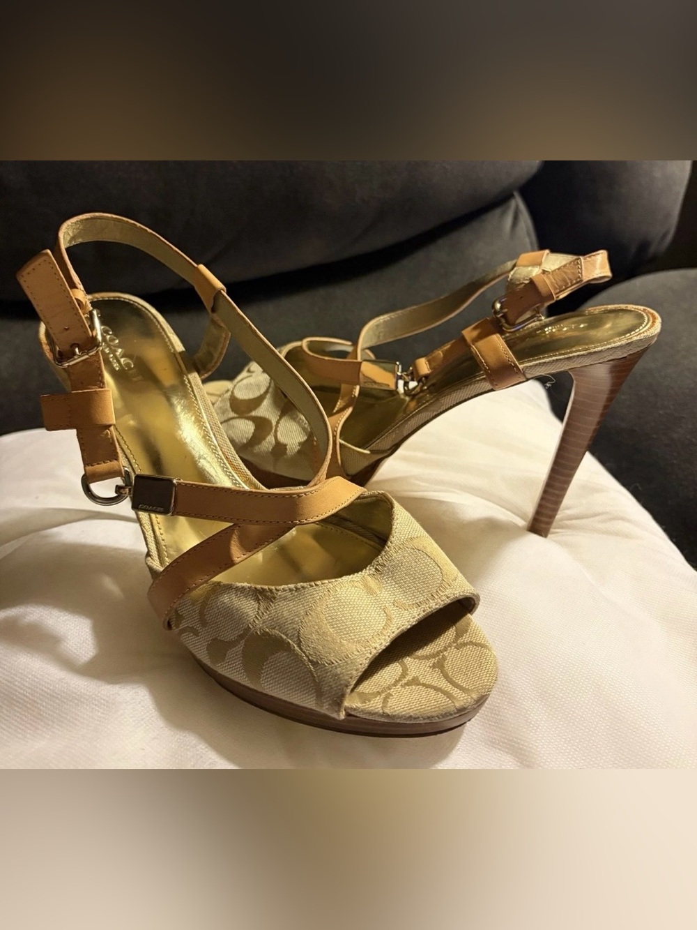 Coach Beige Signature Canvas & Tan Leather High Heel Sandals